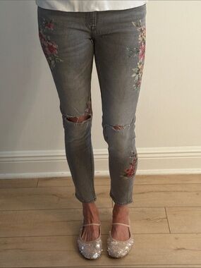Zara Grey Floral painted Ripped Skinny Jeans